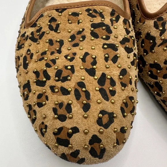 UGG Women's Leopard Print Tan Suede Slip-On Flats with Shearling - Picture 4 of 11